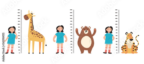 Height child measure kid high growth ruler children tall baby set concept. Vector cartoon graphic design element illustration
