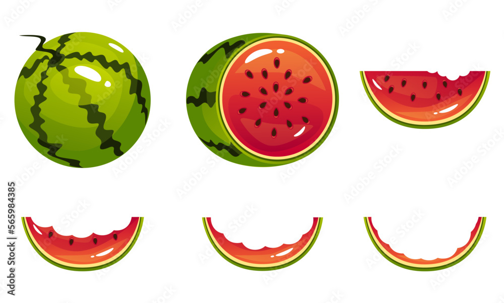 Obraz premium Watermelon slice eat steps stage bitten piece isolated set. Vector flat graphic design element concept illustration