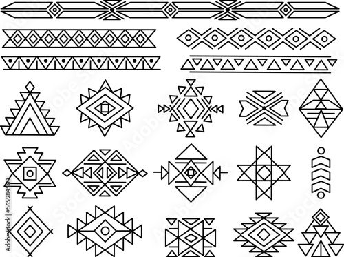 Aztec tribal boho ornaments. Navajo mexico geometric tattoo, ethnics maya symbols. Isolated african motif design, peruvian decent vector elements