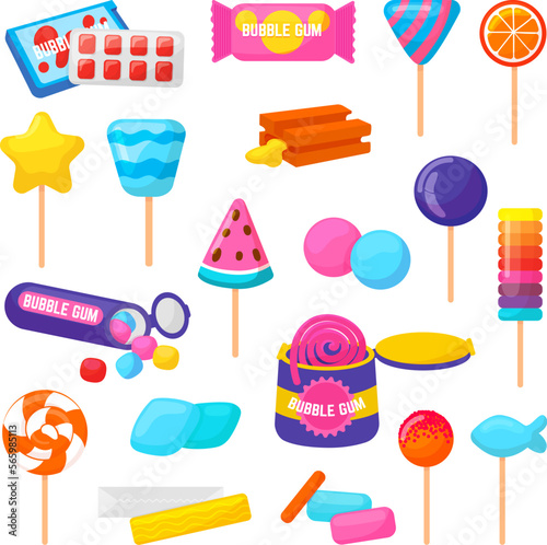 Bubble gum and candies. Isolated gummy pack, chewing gums and lollipops. Children candy, sweets on stick. Cartoon bubblegum neoteric vector package