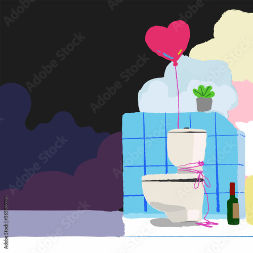 A heart-shaped balloon is tied to the toilet. A spoiled sateen. Haters. Valentine's Day. 