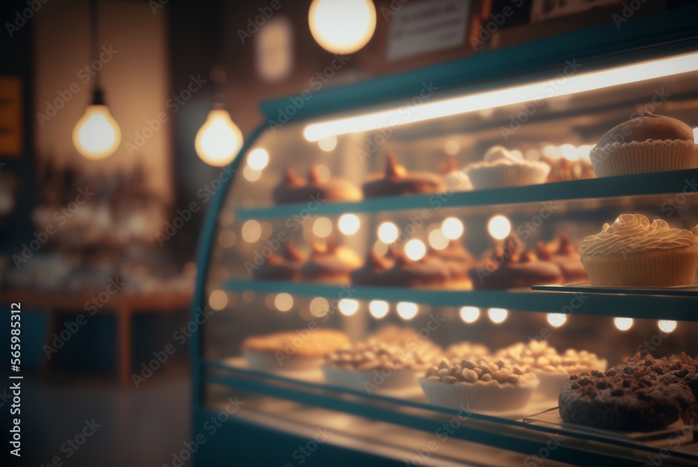 Cakes on the shelves of a window of a street restaurant. Showcase of a pastry shop or cafe with lots of sweets and price tags. Generative AI