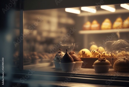 Cakes on the shelves of a window of a street restaurant. Showcase of a pastry shop or cafe with lots of sweets and price tags. Generative AI