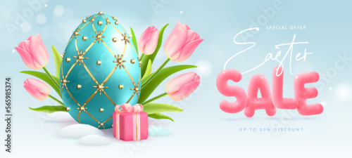 Happy Easter typography big sale poster with Faberge egg, gift box and pink tulips. Greeting card or poster. Vector illustration
