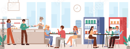 Students canteen or cafeteria. Boy girl on lunch in cage, student group eating and buy food in school. Dinner time in campus, snugly vector scene with teenagers