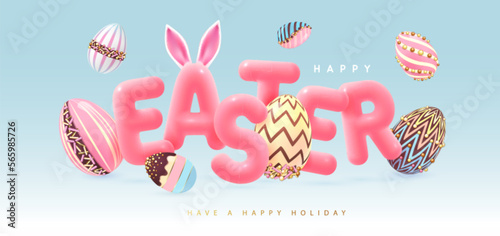 Happy Easter typography background with colorful chocolate easter eggs and 3D text. Greeting card or poster. Vector illustration