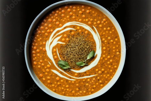  a bowl of soup with a garnish on top of it on a black surface with a black background and a white bowl of soup.  generative ai photo
