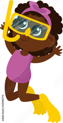 Little girl in swimsuit and snorkeling mask. Illustration of a child in cartoon style. Children's activity in nature.