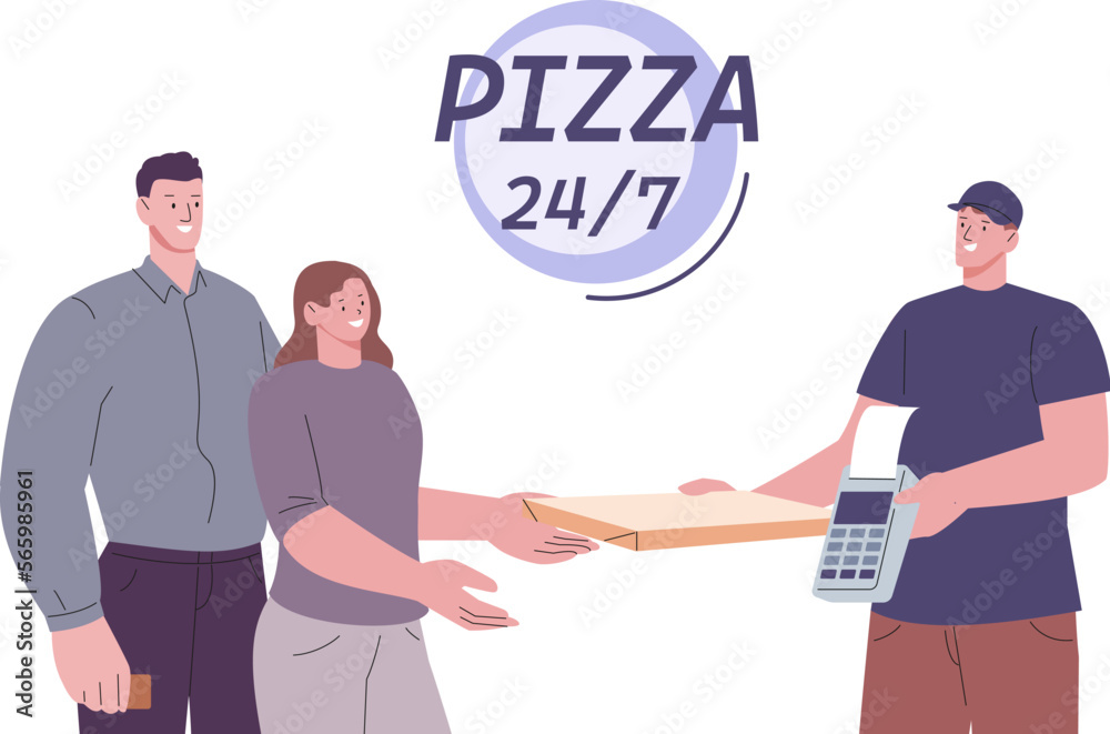 Pizza delivery around clock. Yummy fast food for young happy couple, online or card payment. Vector courier and customers, cafe, restaurant pizzeria take away service Pizza delivery around clock. Yummy fast food for young happy couple, online or card payment. Vector courier and customers, cafe, restaurant pizzeria take away service