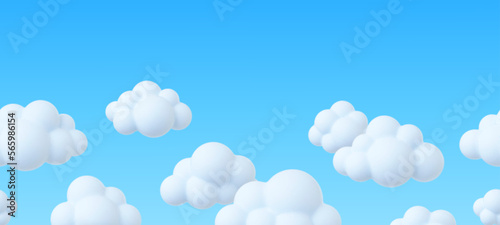 Clouds in blue sky, 3d white cloud seamless banner. Fluffy bubbles, spring summer seasonal cloudy weather. Decorative rendering vector background