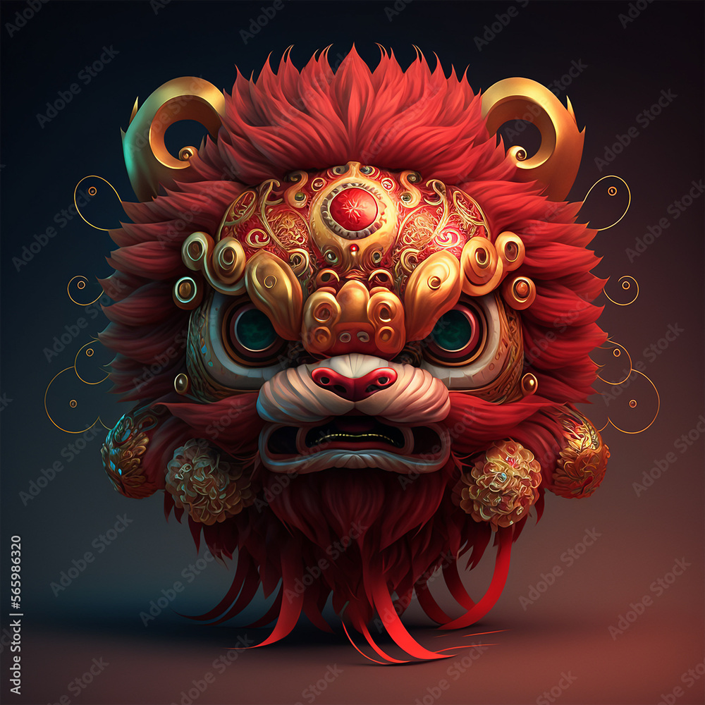 Traditional Chinese lion dance head illustration. Chinese New Year lion head. Ferous traditional red and gold lion head. Chinese festival.	
