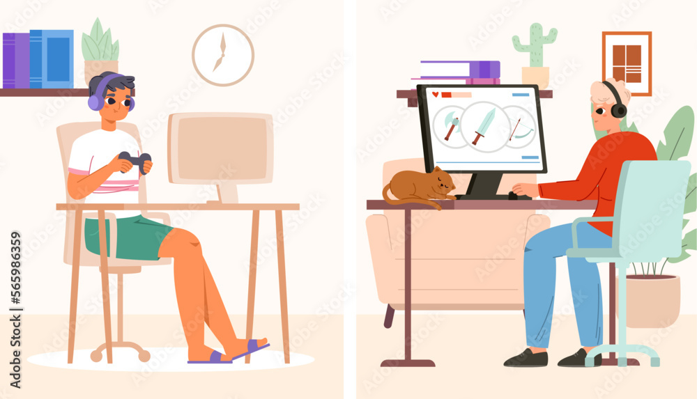 Gamers battle from homes. Teens game addiction, boys play computers in headphones. Young male gamer, geek with cat, vector cartoon characters