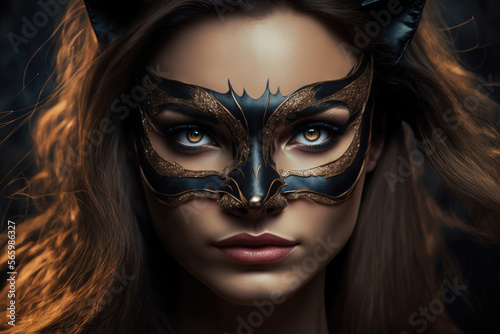 A portrait of an attractive woman wearing a black and gold carnival mask on eyes and cat ears. Created with Generative AI, no one recognisable. Not a real person.