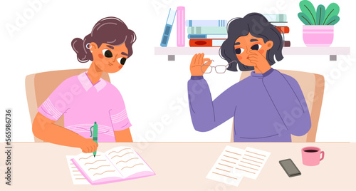 Teacher and student. Study at home, tutor teaching young girl teenager. Tired mother and daughter doing school homework, vector education concept
