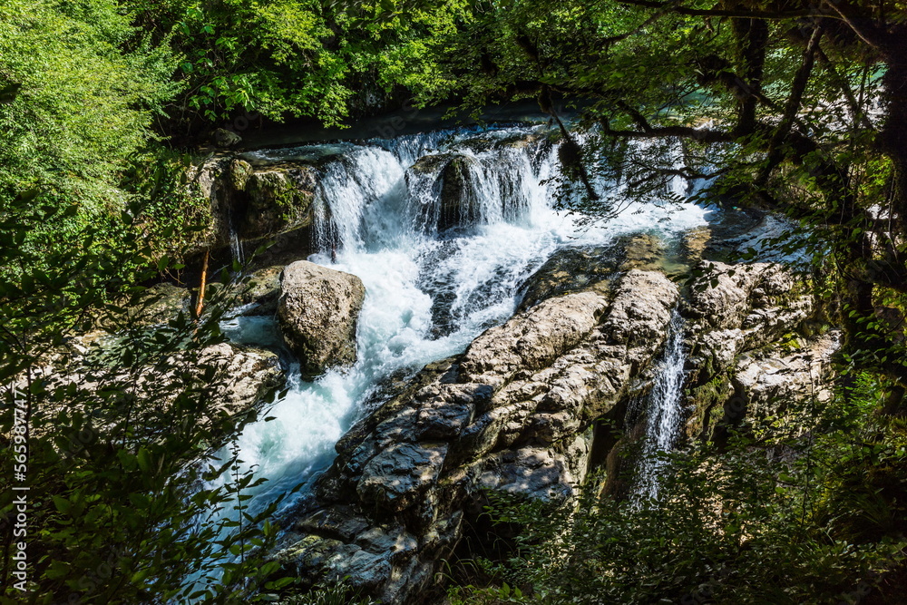 Naklejka premium Martvili Canyon, an Abasha river erosion canyon located in Samegrelo region of Western Georgia near Gachedili village