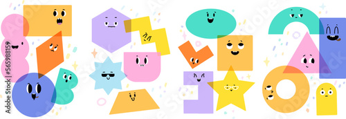 Various geometric compositions, cute emotional faces geometry basic shapes. Abstract colorful design with eyes, decorative snugly vector artwork