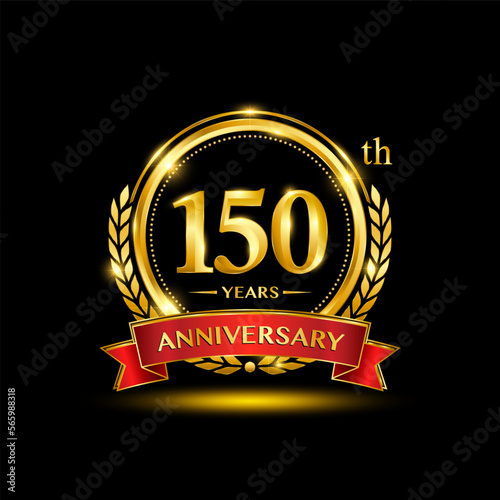150th Anniversary logo design with golden color laurel wreath and red ribbon for anniversary celebration event. Logo Vector Template Illustration