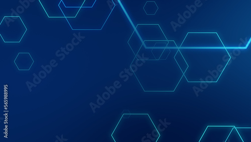 Abstract hexagon geometric blue neon lights technology dark background.