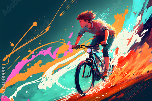 young man riding a bicycle with a colorful energy, digital art style, illustration painting. computer rendered illustration 