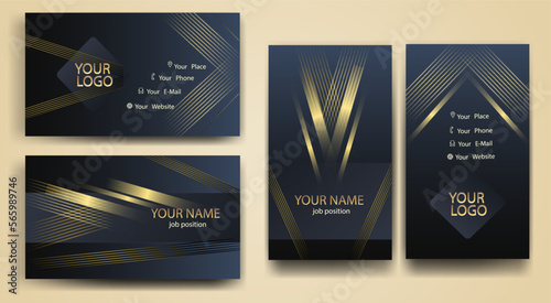 set of luxury business cards with a gold line pattern on a dark blue background. Horizontal and vertical