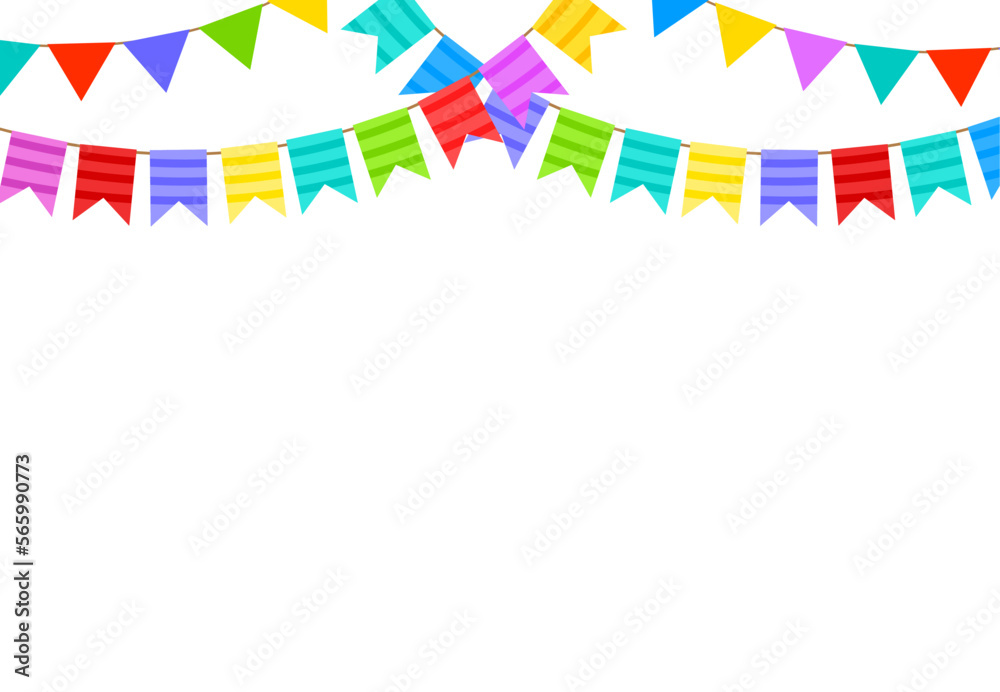 Obraz premium Birthday bunting flags. Hanging bright festive garlands for party celebration. Cartoon colorful elements