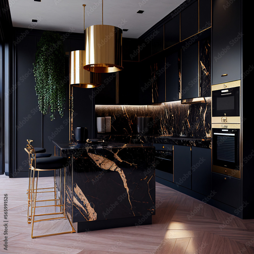 Generative AI Black and Gold Kitchen Stock Illustration | Adobe Stock