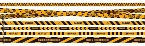 Caution yellow and black tape. Industrial warning for place under construction. Danger alert, police line for crime scenes