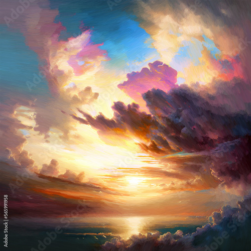 beautiful sunset sunrise sky clouds view in style of oil painting art - new quality universal colorful holiday stock image illustration