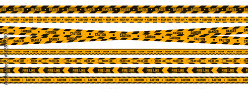 Danger police tape. Car crash, accident or crime zone with warning. Restricted area, yellow and black stripes with caution