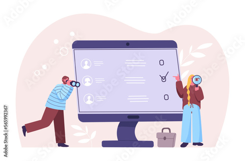 Employee, job and candidate search. Man and woman HR workers looking for new colleague with magnifying glass