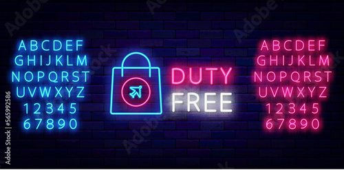 Duty free neon sign on brick wall. Shopping bag frame. Special offer airport concept. Vector stock illustration