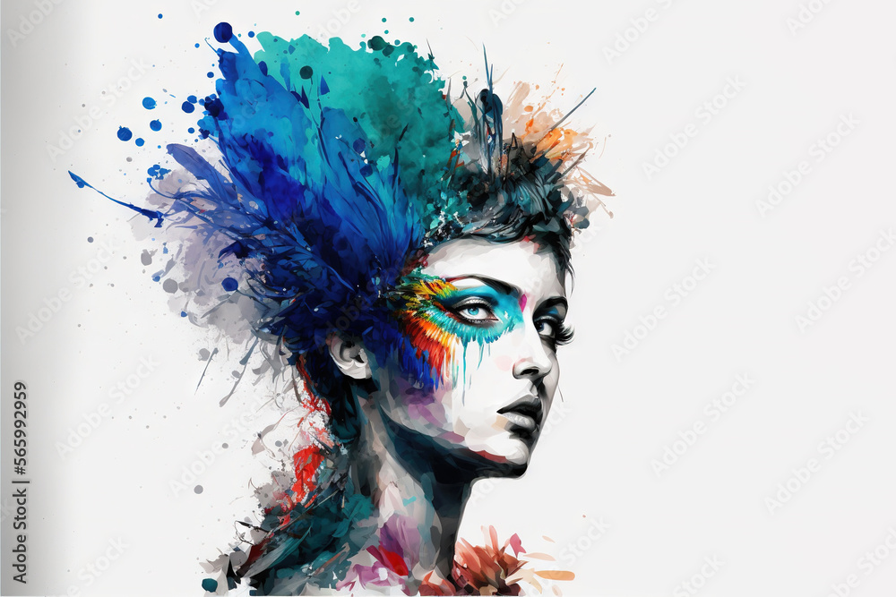  a woman with a colorful hair and makeup is shown in this artistic photo with a splash of paint on her face and the hair is painted in blue, red, orange, green, blue, and white.  generative ai