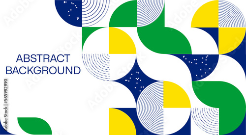 Abstract modern geometric background from simple geometric shapes, circles, circles. The colors of the flag of Brazil are green, blue, yellow.
