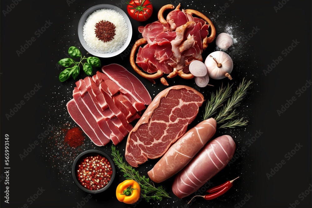  a variety of meats and vegetables on a black background with spices and seasonings around them, including tomatoes, garlic, peppers, peppers, garlic, and garlic.  generative ai