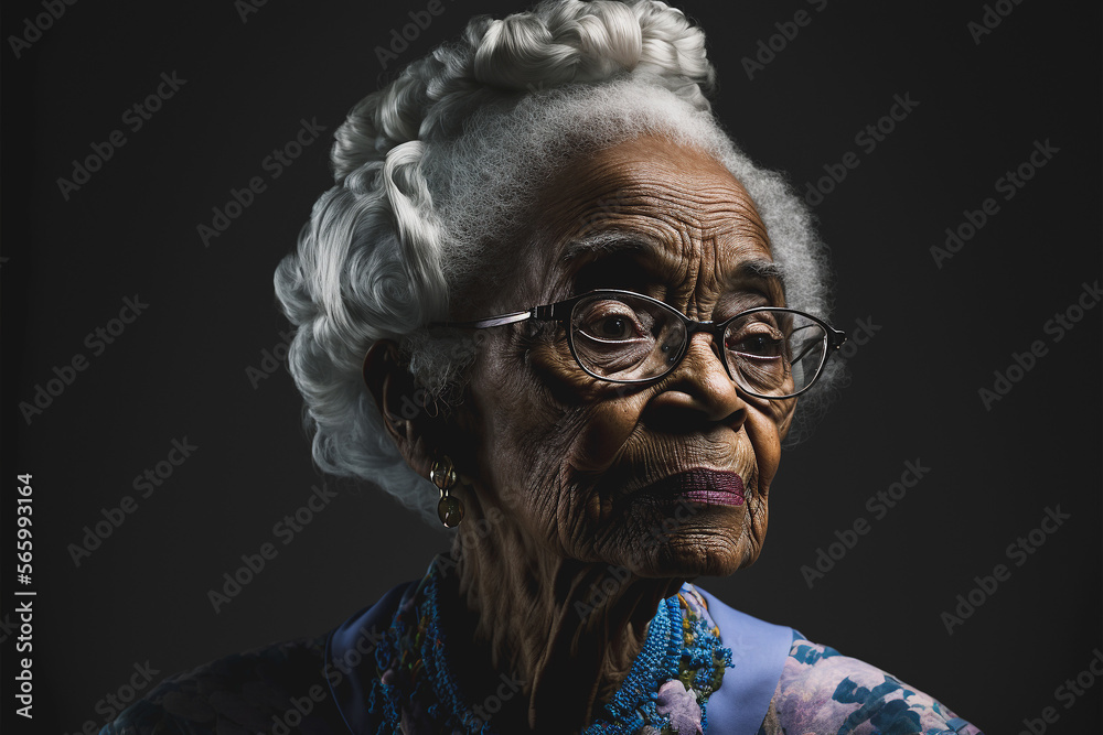 Mature old black woman with gray hair and glasses. Generative AI Stock ...