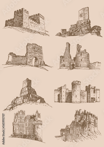 Graphical vintage  set of medieval catles, vector illustration.Architecture