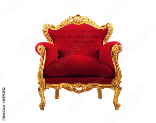 Fotografie, Obraz Comfortable and elegant golden armchair with red velvet cushions