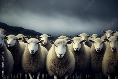Flock of Sheep, staring.  AI generated