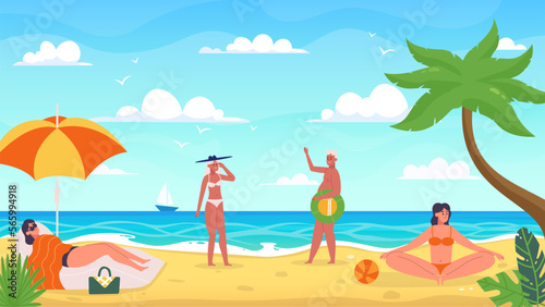 People at the seaside resort. Man and woman on vacation. Female character lying on chaise in sunglasses under umbrella