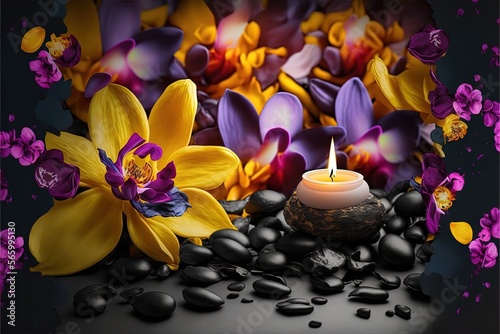  a lit candle surrounded by flowers and rocks on a black surface with water droplets on the bottom of the image and a black background with purple and yellow flowers. generative ai
