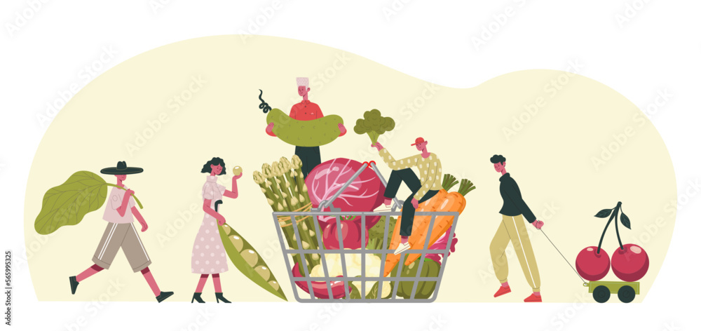 People carrying raw ingredients, vegetable fruits. Tiny female and male characters holding veggies, putting into basket