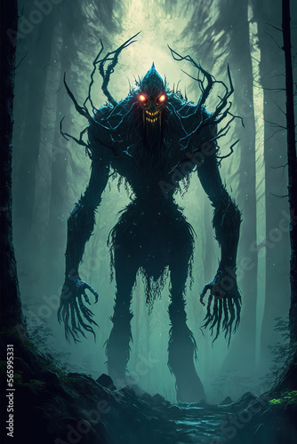 a creepy looking creature standing in the middle of a forest, character concept art illustration 