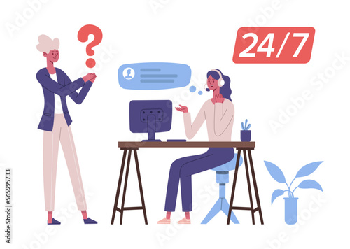 Personal assistant, call center customer support network services. Woman hotline operator in headset sitting at desk