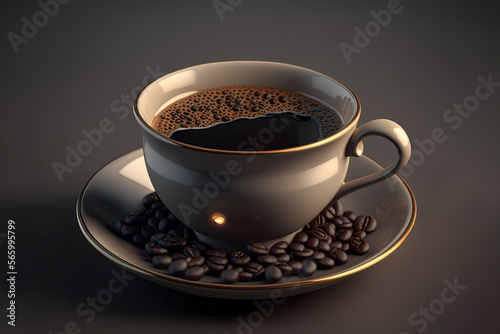  a cup of coffee on a saucer with coffee beans on a saucer on a dark background, with a spotlight coming in from the top of the cup. generative ai