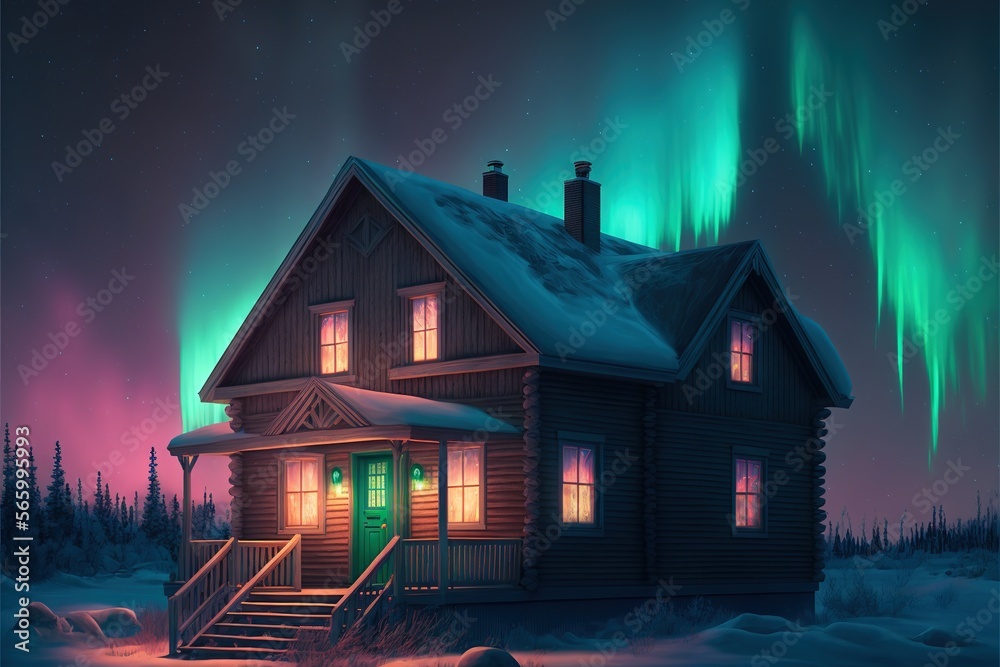 a cabin with a staircase leading to a green door and a green light above the door is a green door and a green door is on the front of the cabin. generative ai a cabin with a staircase leading to a green door and a green light above the door is a green door and a green door is on the front of the cabin. generative ai