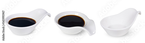 Collection of white bowl with soy sauce and empty on isolated white background.