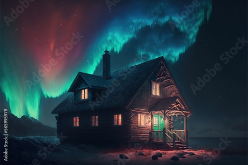  a cabin in the middle of a night with the aurora lights in the sky above it and a staircase leading up to the cabin door. generative ai