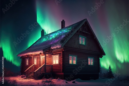  a log cabin with a green aurora lights in the background and a staircase leading up to the roof of the cabin in the foreground. generative ai