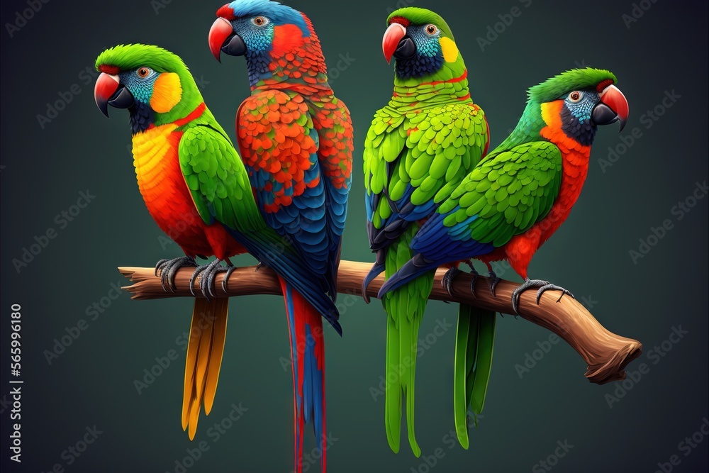a group of colorful birds sitting on top of a tree branch on a dark background with a green background behind them and a black background. generative ai a group of colorful birds sitting on top of a tree branch on a dark background with a green background behind them and a black background. generative ai