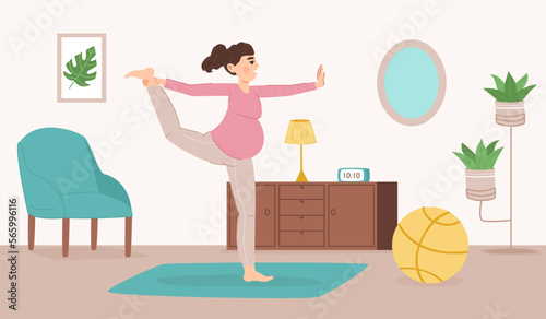 Pregnant woman practicing yoga. Young female character with belly, standing in balance, stretching. Future mom doing sport